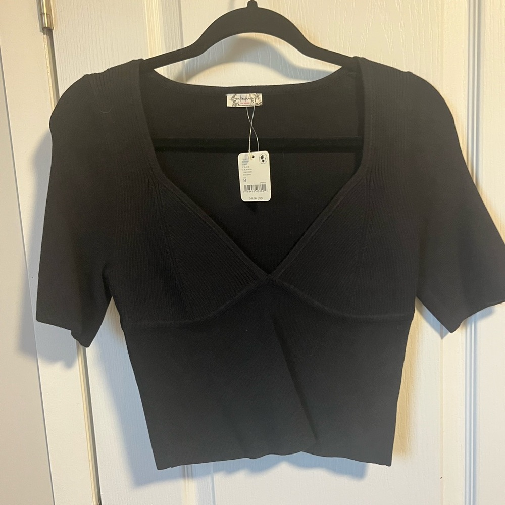 Free People Black Ribbed V-Neck Crop Top
